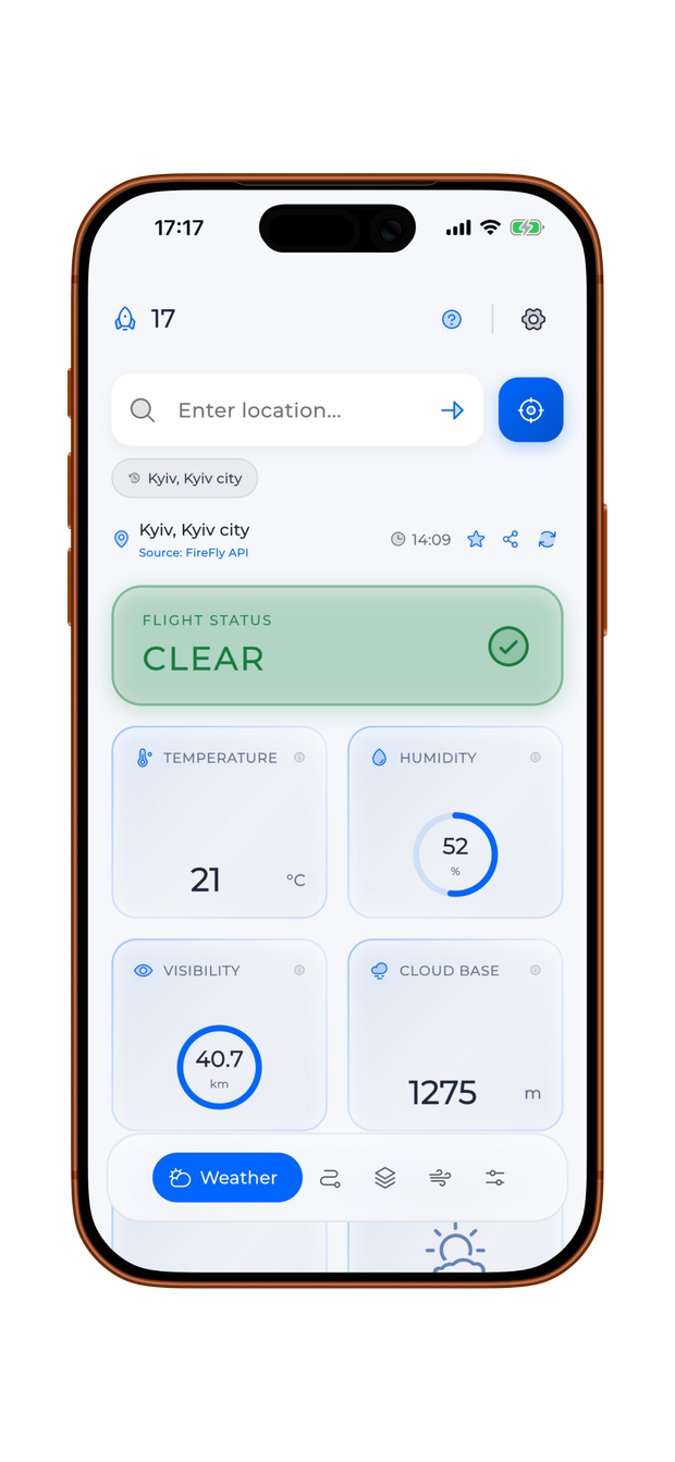 17 METEO flight-status screen showing a clear fly-or-wait verdict for the selected drone